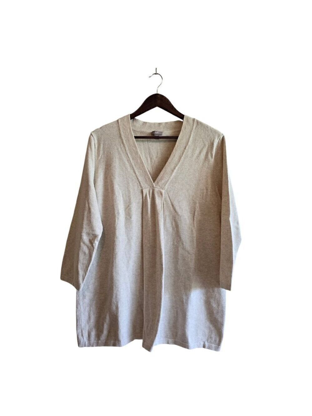 J. Jill Tan V-Neck Pleated 3/4 Sleeve Cotton Blend Top Sz L